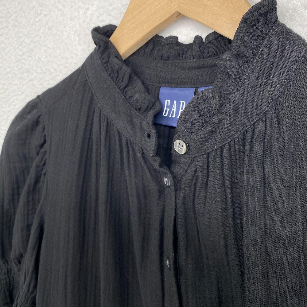 GAP Dress XS Crinkle Gauze Mini Tiered Ruffle Button Front Puff Sleeve Black NEW - Picture 8 of 16